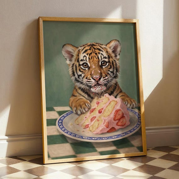 Tiger Eating Cake Art Print Whimsical Funny Wild Animal Illustration Foodie Strawberry Dessert Poster Kitchen Decor Digital Download