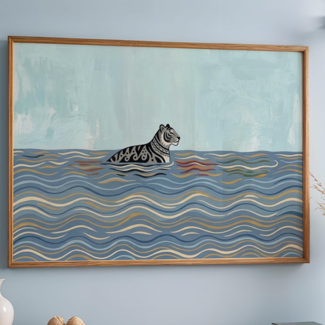 Swimming Tiger Art Print, Coastal Vintage Boho