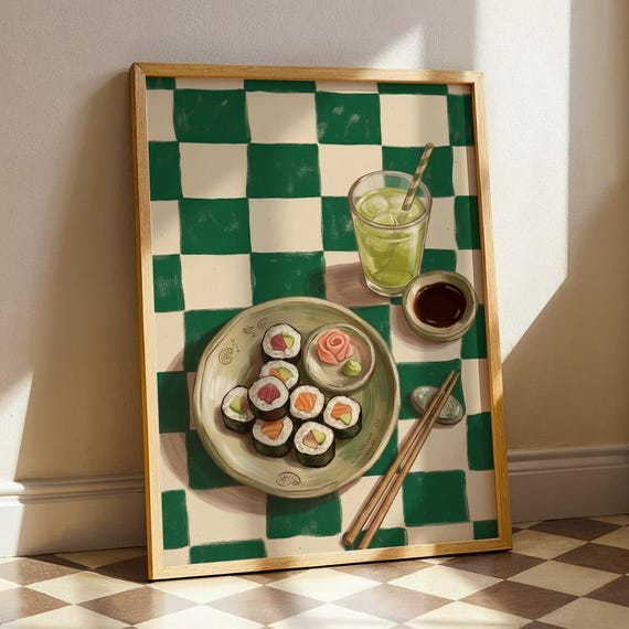 Maximalist Sushi Print Green Checkered Table Decor Japanese Food Poster Cozy Still Life Kitchen Art Modern Foodie Housewarming Gift