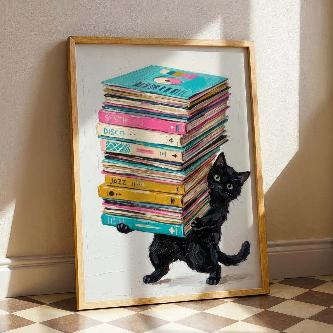 Black Cat Carrying Vinyl Records Poster Retro Music Animal Artwork