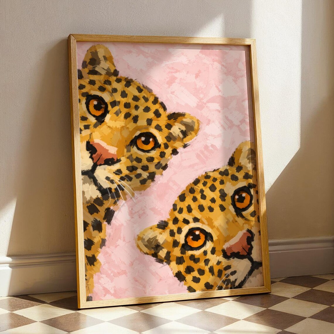 Playful Leopard Faces Close Up Pink Background Whimsical Big Cat Poster