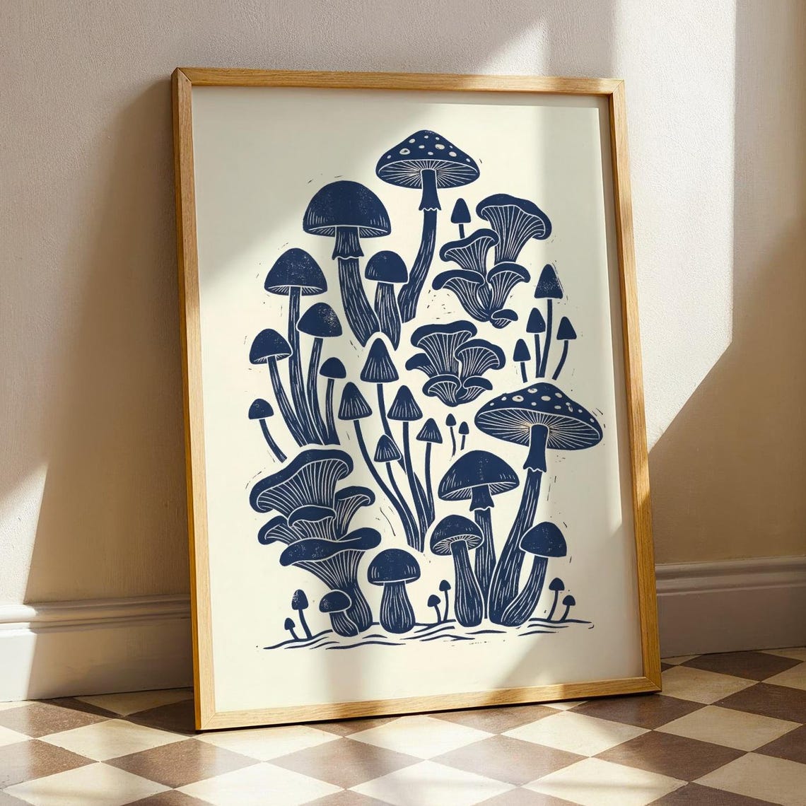 Navy Blue Mushroom Cluster Scandinavian Folk Art Wall Poster