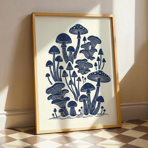 Minimalist Mushroom Print Scandinavian Folk Art Mid Century Modern Botanical Poster Nordic Nature Illustration Blue Moody Cottagecore