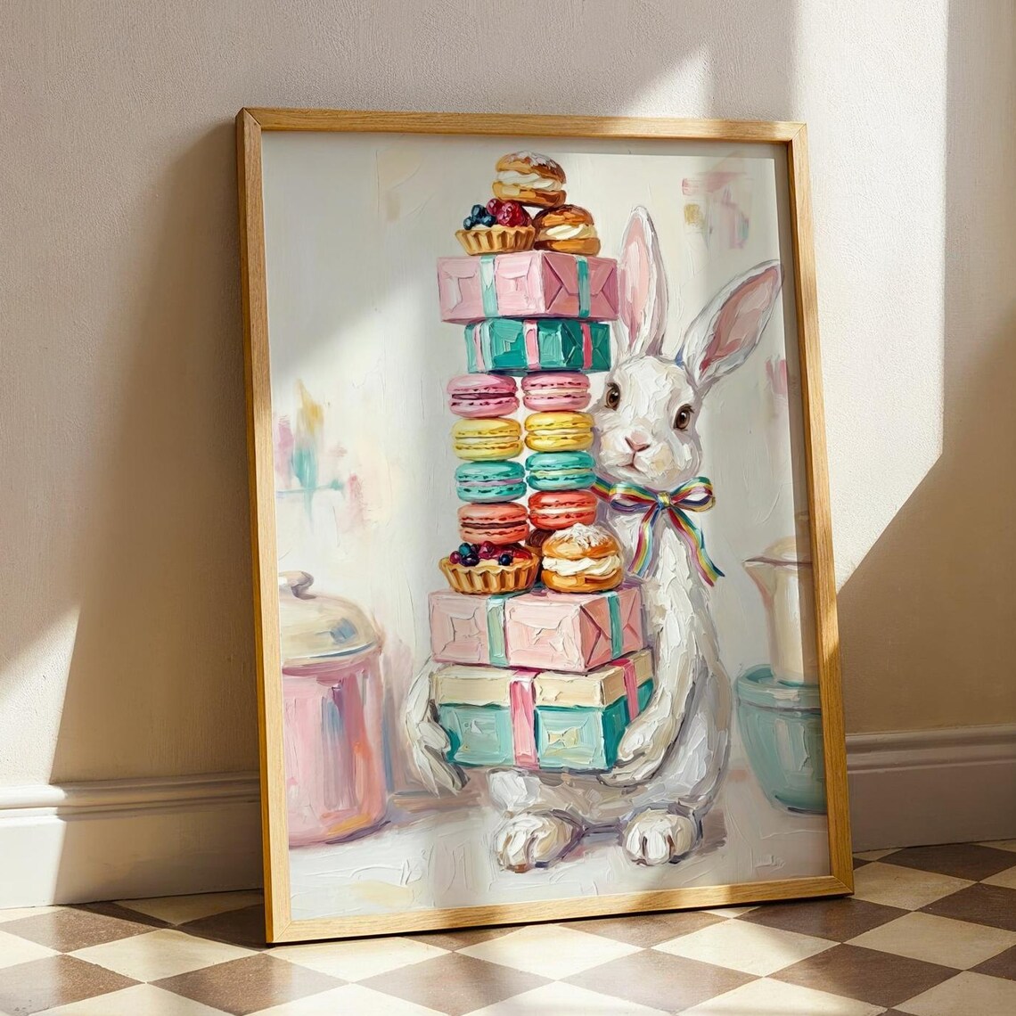 Whimsical White Bunny Balancing Pastel Macarons Gift Boxes Kitchen Poster