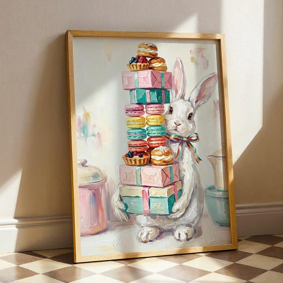 Whimsical Bunny Kitchen Print Art Pastel Cottagecore Bakery Wall Decor Cute Animal Baking Poster Colorful Macaron Nursery Painting