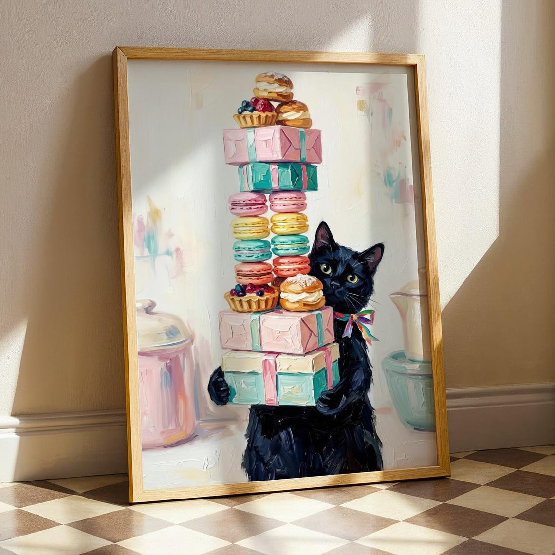 Black Cat Holding Pastry Tower Poster Whimsical Bakery Artwork