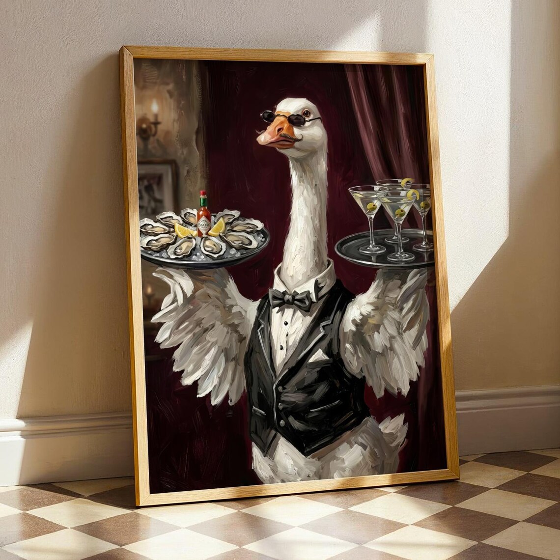 Goose Butler Tuxedo Oyster Martini Funny Vintage Animal Painting Poster