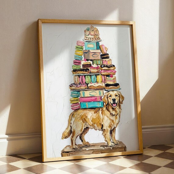 Golden Retriever Baking Print Whimsical Dog Bakery Wall Art Colorful Pastry Kitchen Decor Cute Cottagecore Baker Gift Cake Painting