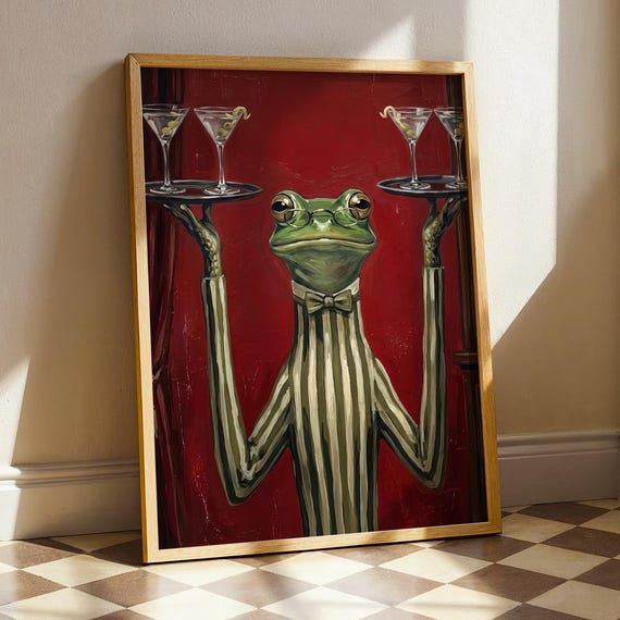 Funny Frog Martini Print Moody Maximalist Eclectic Bar Cart Decor Vintage Cocktail Painting Dark Kitchen Poster Digital Download