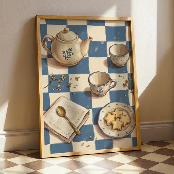 Cozy Tea Time Painting Print Blue Checkered Kitchen Wall Art Cottagecore Teapot Poster Rustic Farmhouse Dining Room Decor Lovers Gift