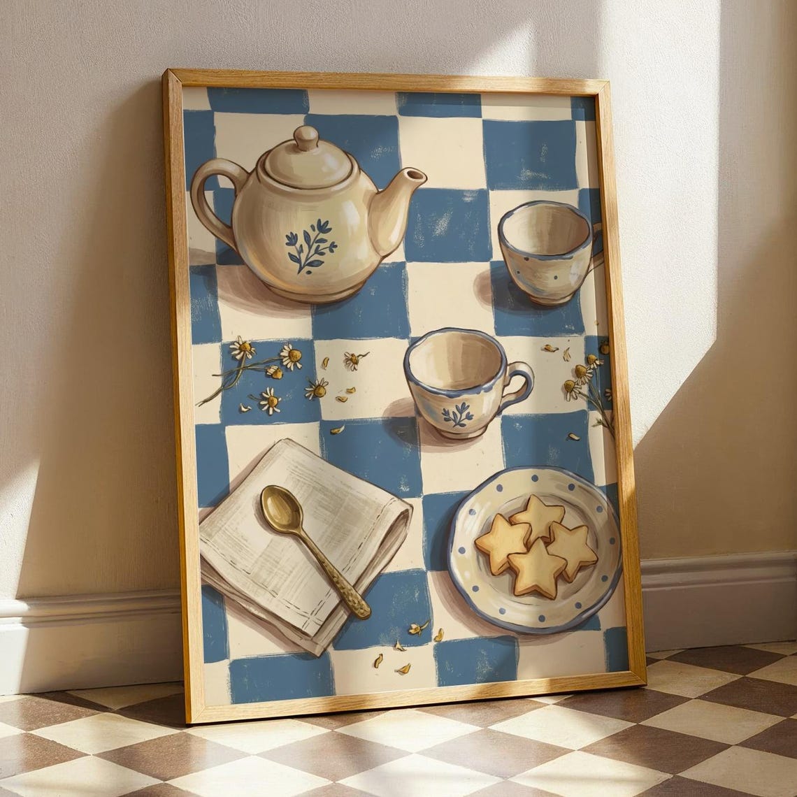 Cozy Tea Time Teapot Cookies Blue Checkered Kitchen Art Poster