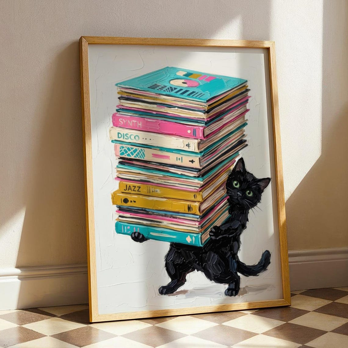 Quirky Black Cat Balancing Synth Disco Jazz Vinyl Record Stack Poster