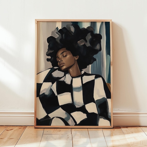 Resting Afro Woman Portrait Black White Checkered Bold Abstract Print