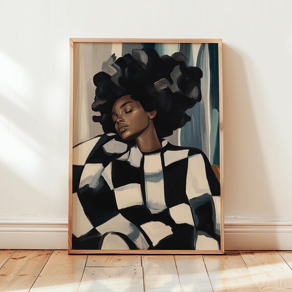 Resting Afro Woman Portrait Bold Black Print Abstract Geometric Wall Art Serene Contemporary