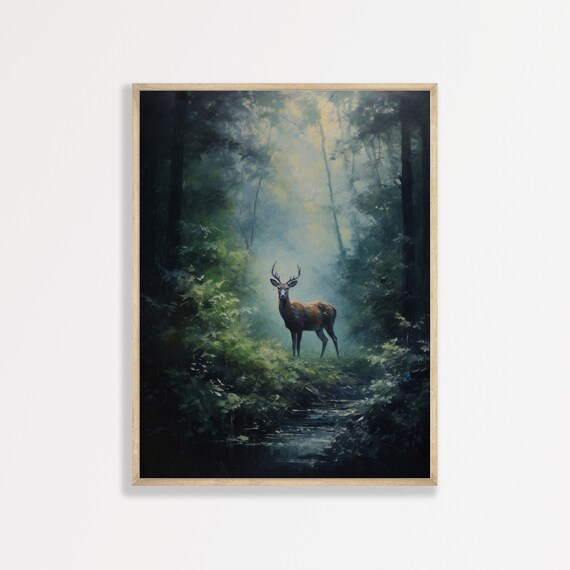 Majestic Stag Misty Dark Forest Stream Vintage Wildlife Wall Art