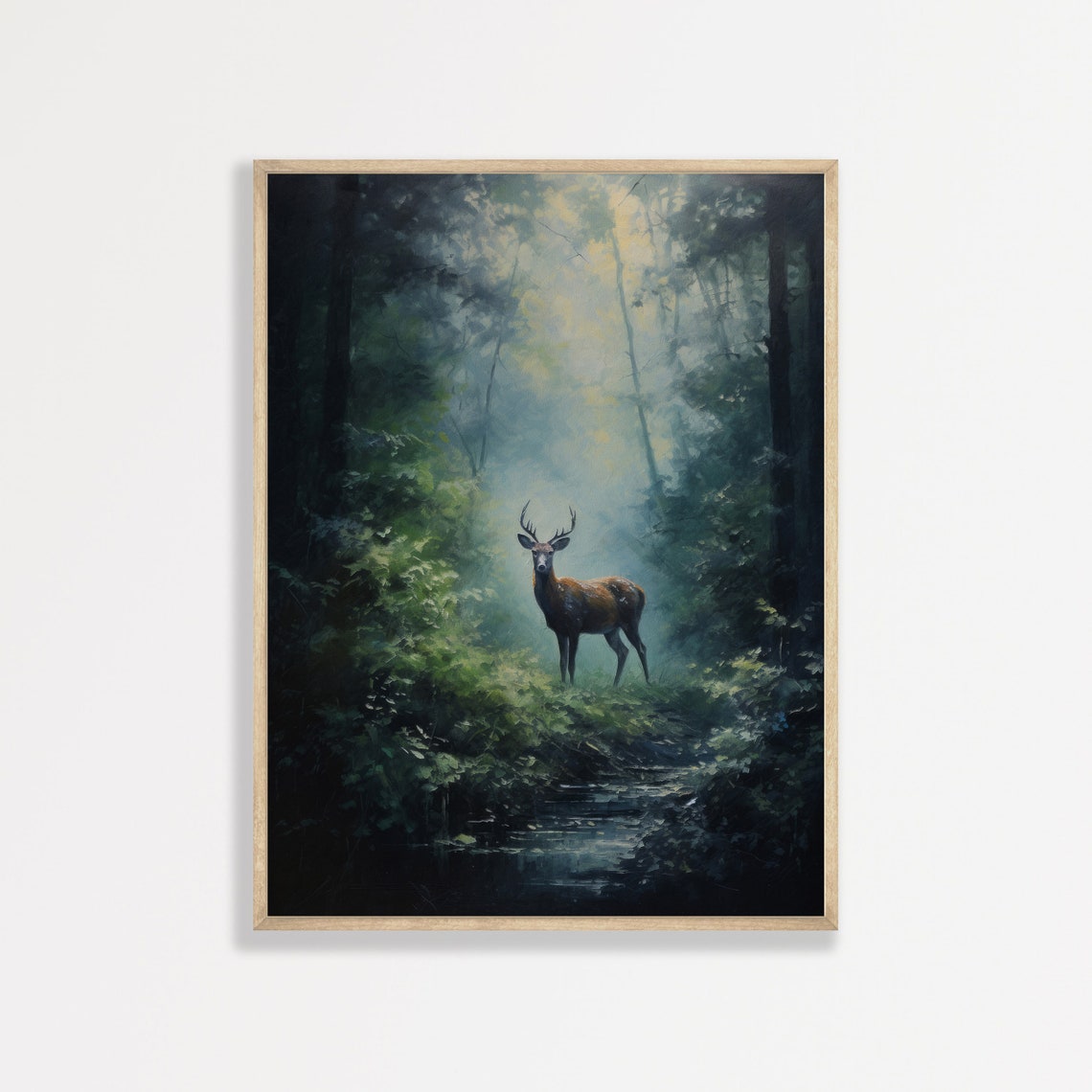 Majestic Stag Misty Dark Forest Stream Vintage Wildlife Wall Art