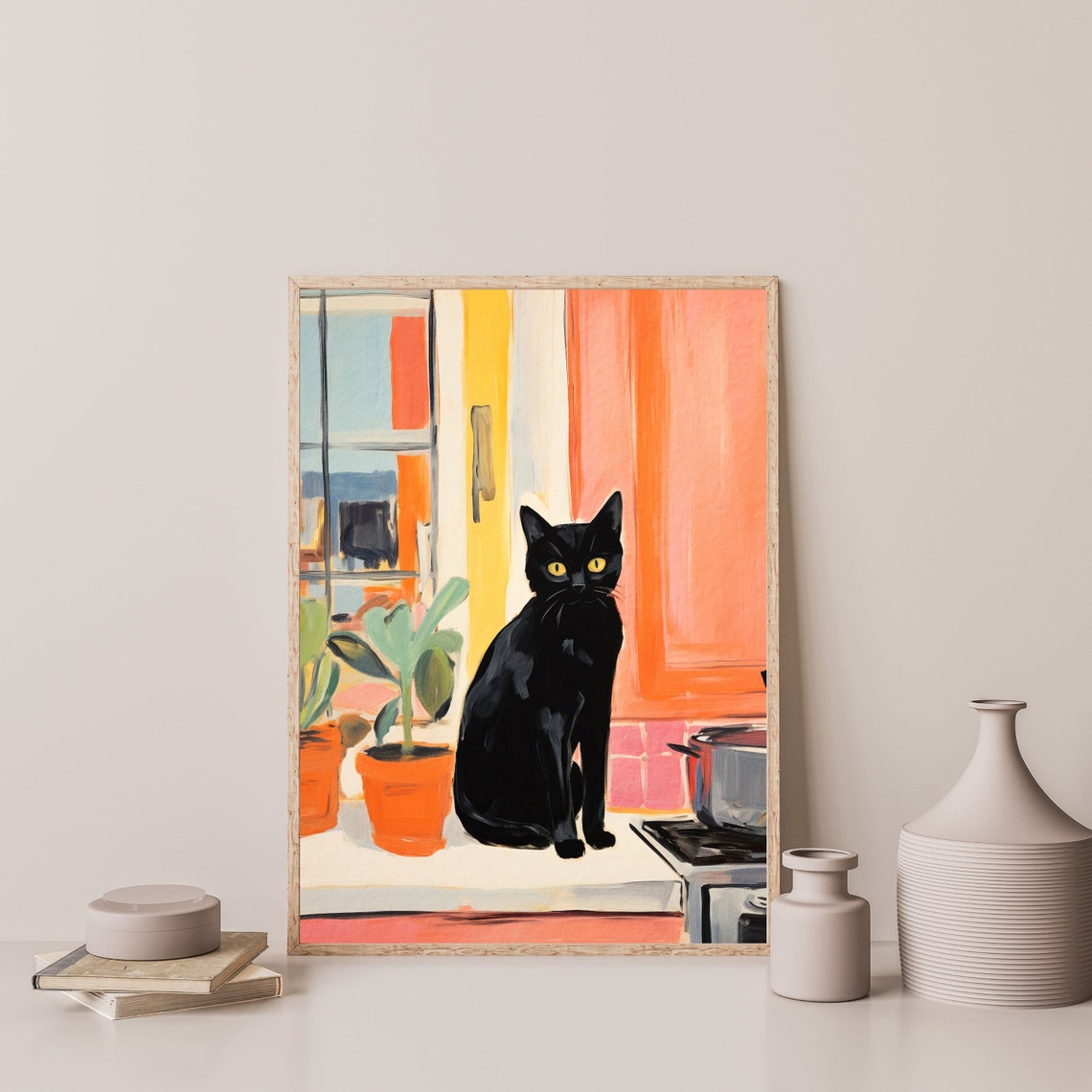 Black Cat Yellow Eyes Kitchen Counter Potted Plants Painting Poster - Image 3