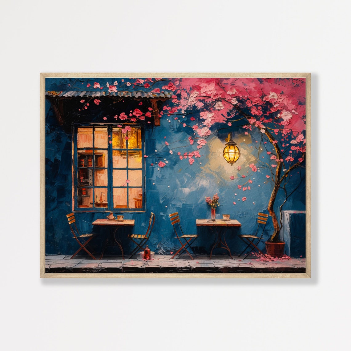Blue Cafe Terrace Night Pink Blossom Tree Lantern Glow Art Poster