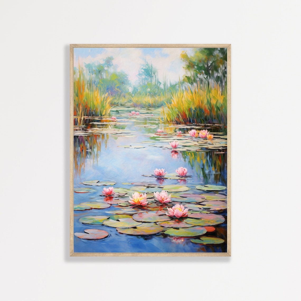 Pink Water Lily Pond Impressionist Vintage Floral Landscape Wall Art