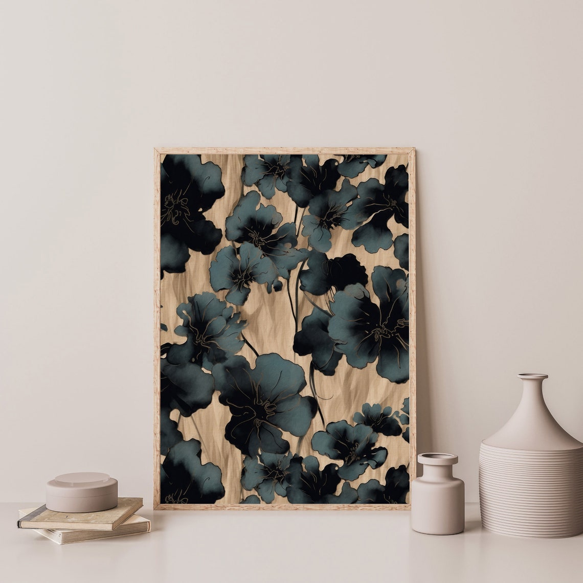 Dark Moody Botanical Floral Pattern Beige Vintage Flower Wall Art - Image 3