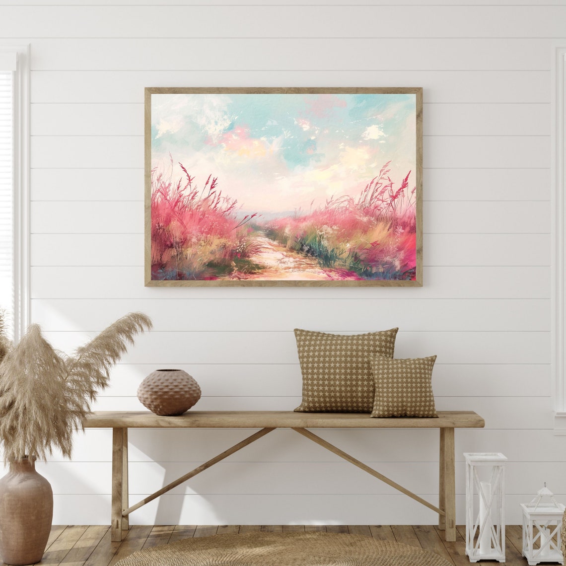 Pink Wild Grass Meadow Path Dreamy Pastel Sky Landscape Poster - Image 3
