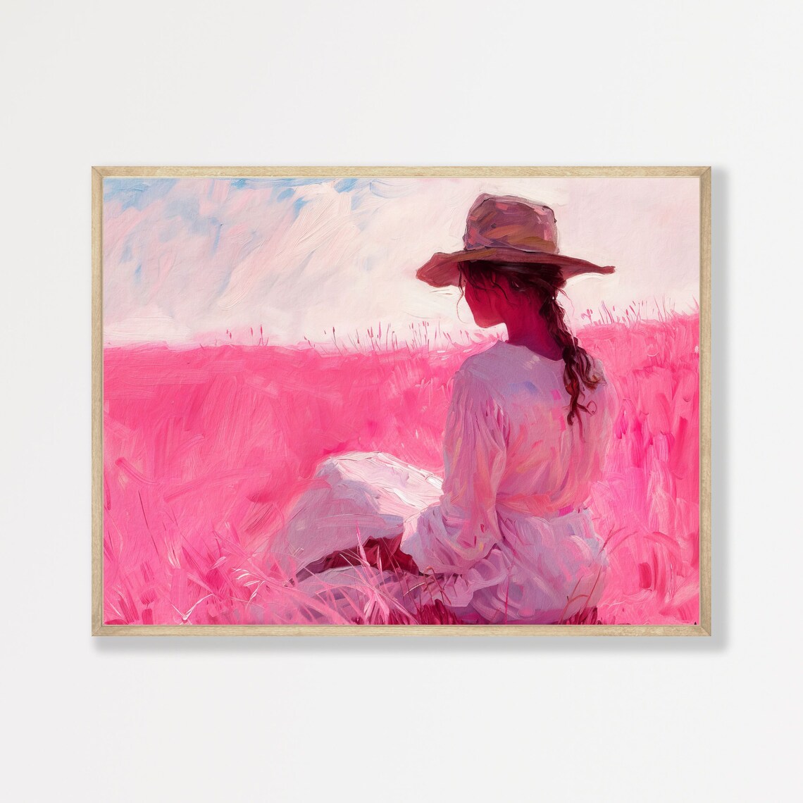 Woman Straw Hat Pink Flower Field Back View Retro Painting Print