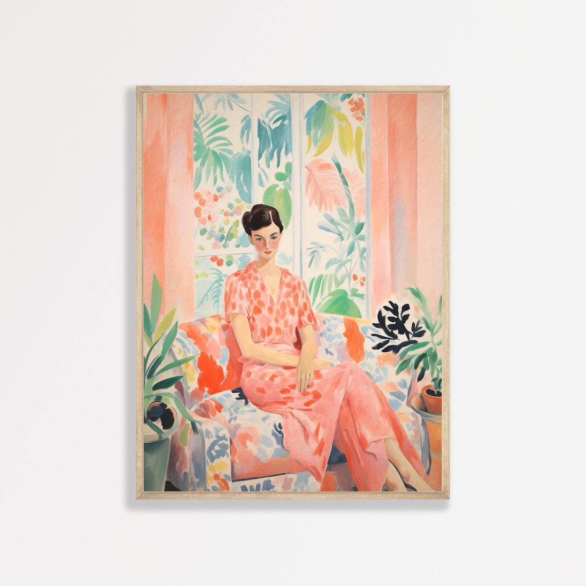 Woman Floral Sofa Tropical Window Matisse Style Pink Dress Wall Art Print