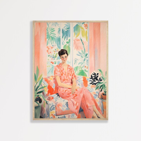 Woman Floral Sofa Tropical Window Matisse Style Pink Dress Wall Art Print