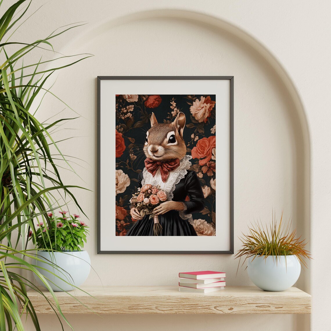 Victorian Chipmunk Portrait Holding Rose Bouquet Moody Floral Poster - Image 2