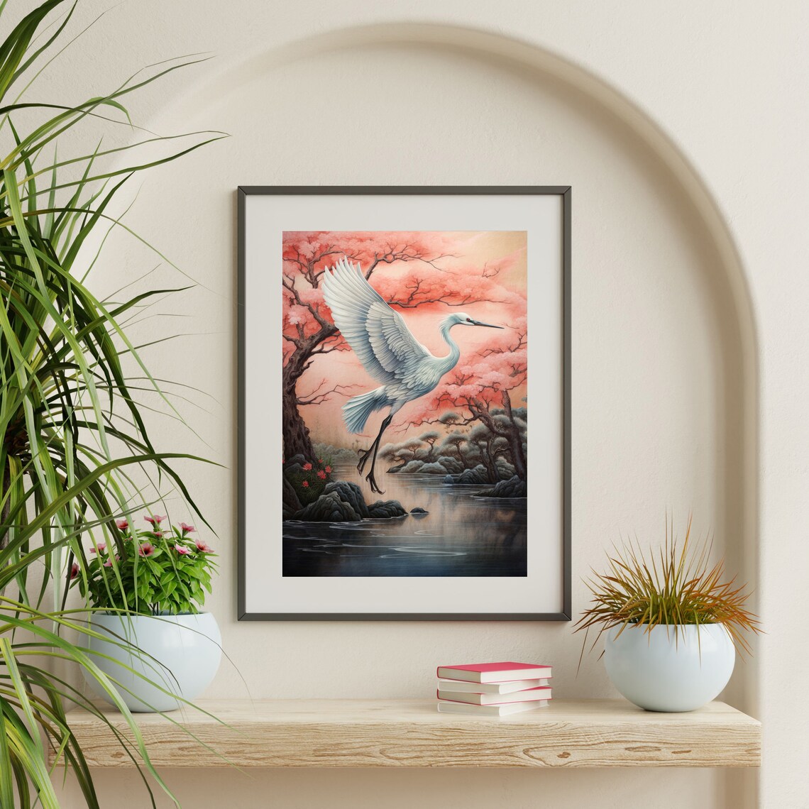 Japanese Crane Flying Over Water Cherry Blossom Vintage Art Poster - Image 2
