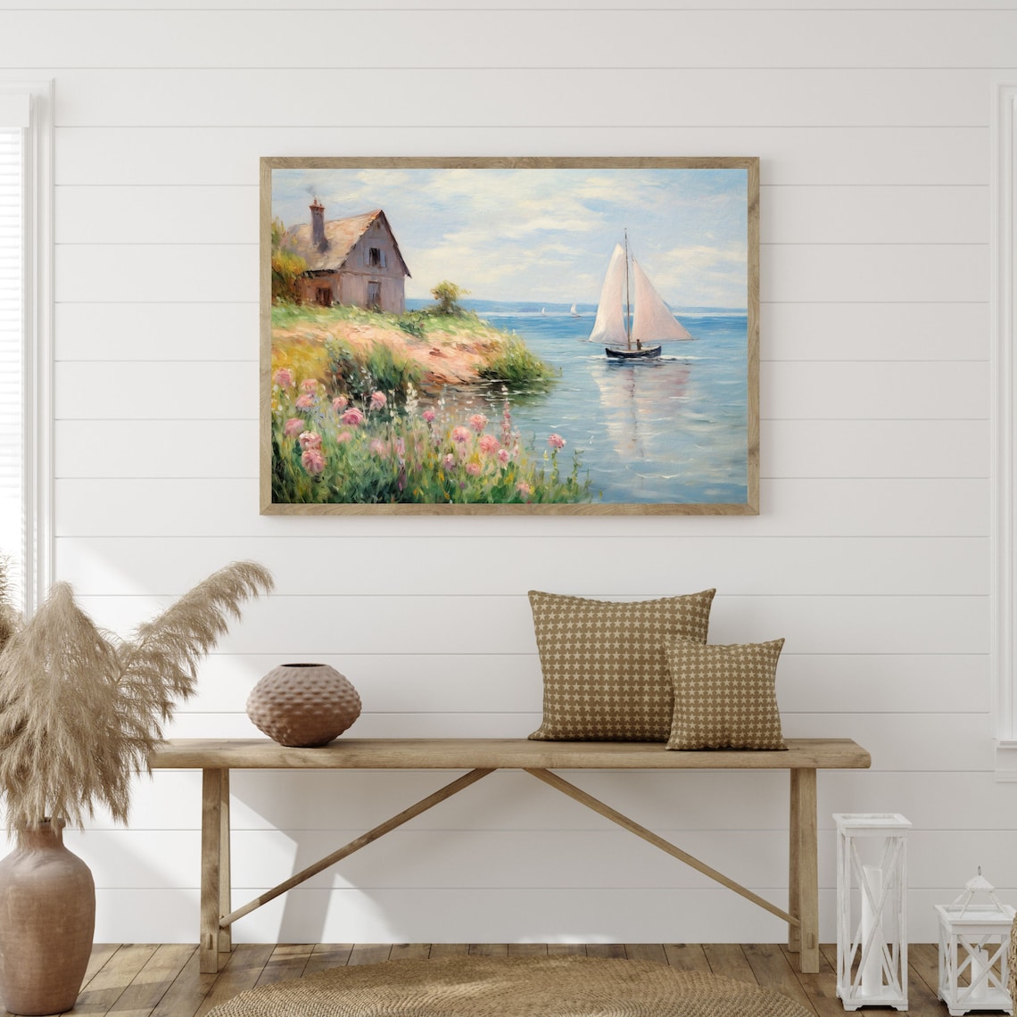 Seaside Cottage Sailboat Pink Wildflowers Blue Bay Painting Poster - Image 3
