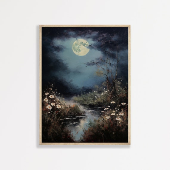 Moon Wildflowers Painting Vintage Gothic Night Landscape Print Antique Moody Cottagecore Aesthetic Wall Art Decor P 963