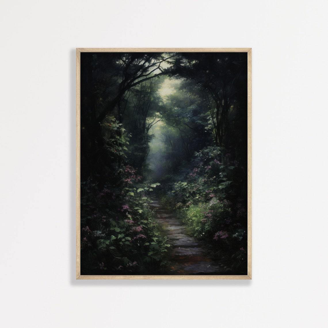 Dark Forest Path Glowing Light Moody Woodland Landscape Wall Art