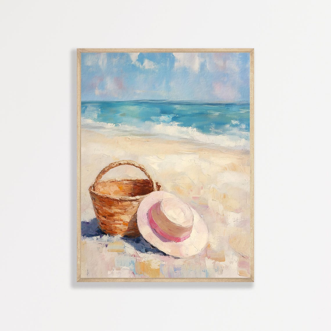 Beach Basket Straw Hat Sandy Shore Turquoise Sea Summer Travel Poster