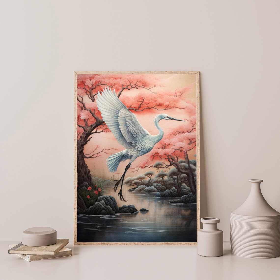 Japanese Crane Flying Over Water Cherry Blossom Vintage Art Poster - Image 3