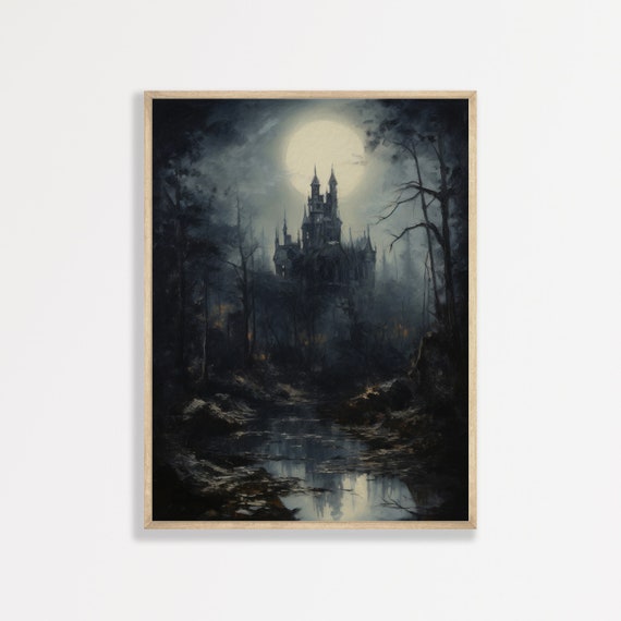 Gothic Castle Painting Moody Vintage Moon Wall Art Mystical Night Landscape Print Dark Academia Decor P 985