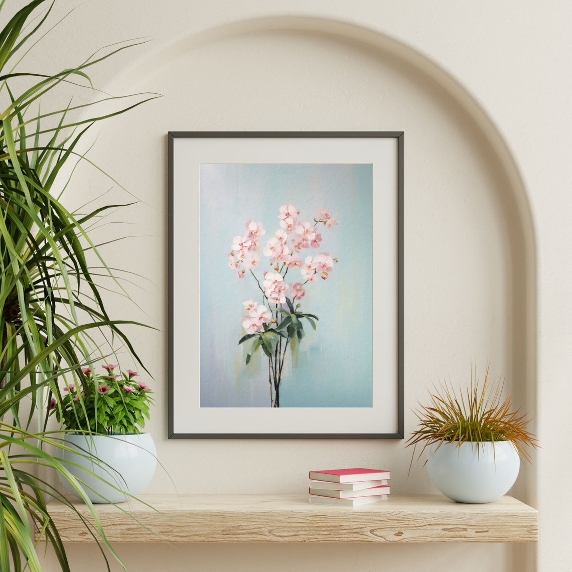 Pink Orchid Stems Pastel Blue Minimal Botanical Flower Poster - Image 2
