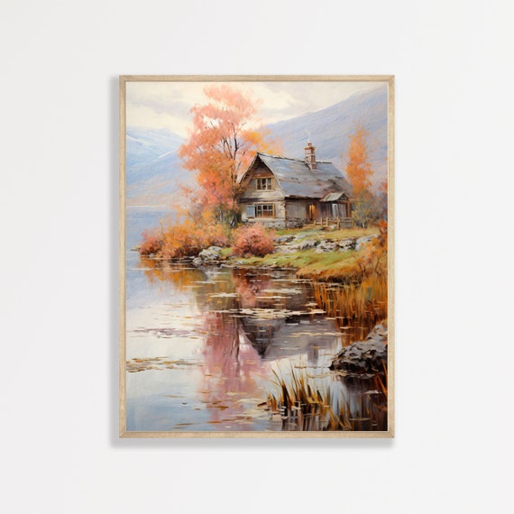 Lake House Wall Art Print Minimal Vintage Landscape Painting Modern Farmhouse Country Aesthetic Prints P 452