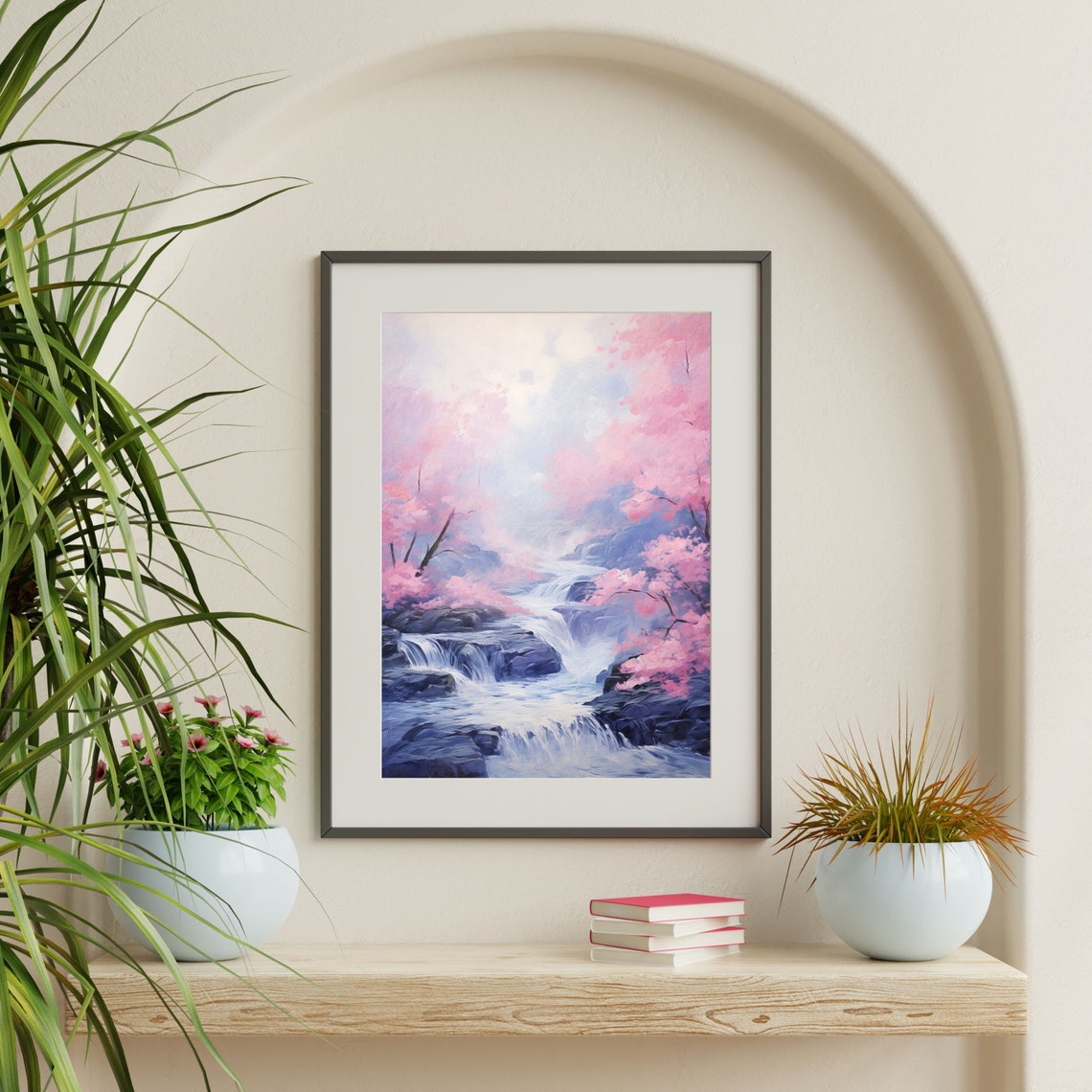 Pink Blossom Trees Rocky Waterfall Blue River Spring Painting Poster - Image 2