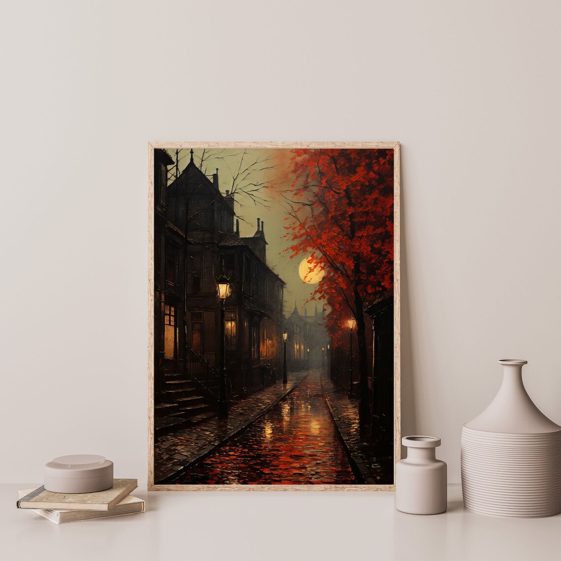 Moonlit Cobblestone Street Lamps Red Leaves Old Town Night Poster - Image 3