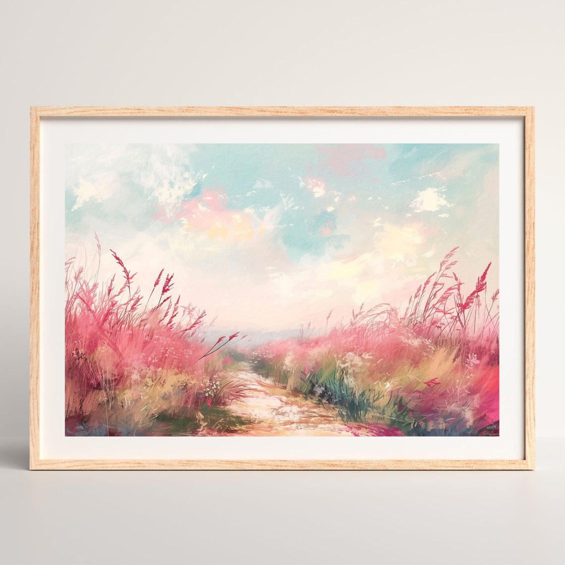 Pink Wild Grass Meadow Path Dreamy Pastel Sky Landscape Poster - Image 2