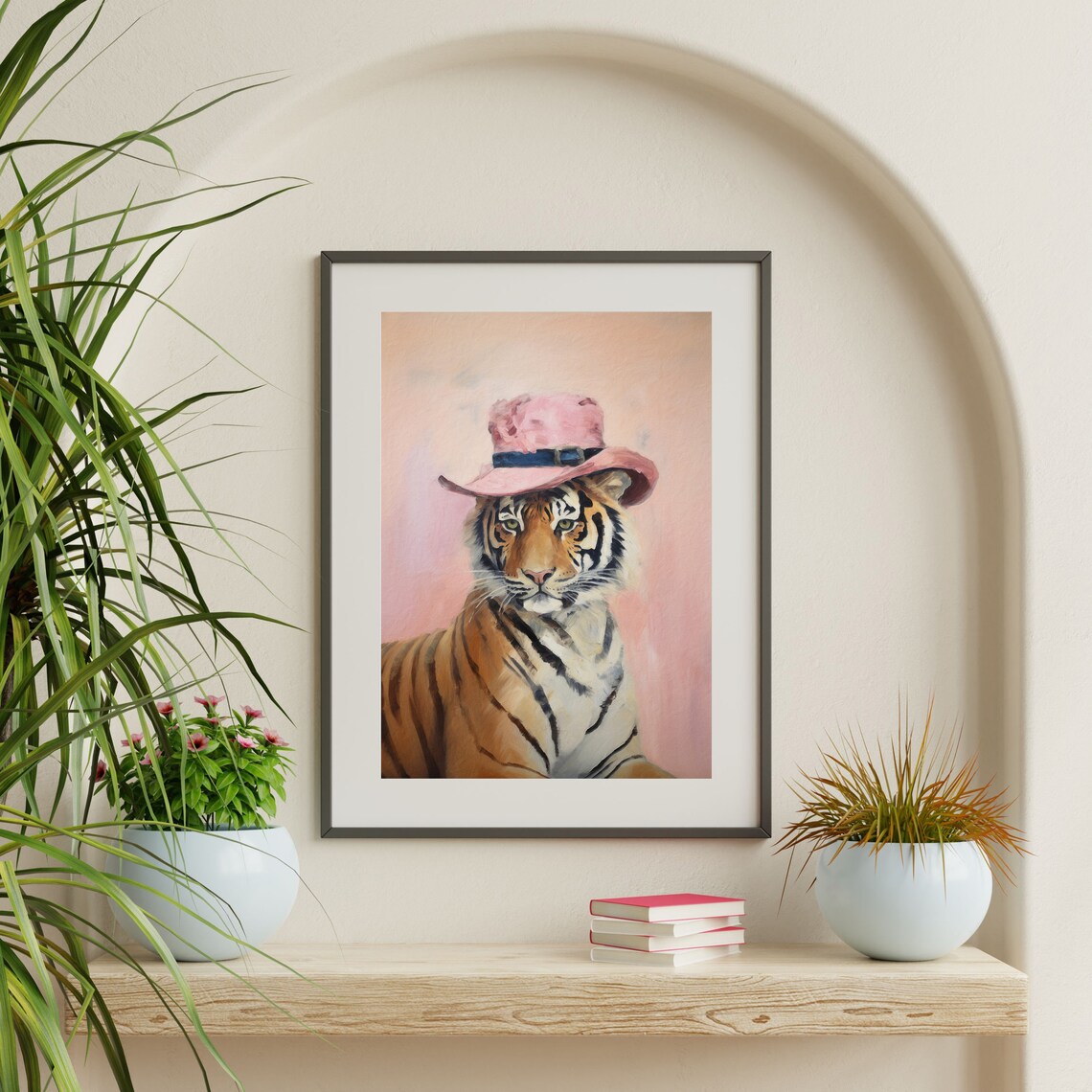 Tiger Wearing Pink Cowboy Hat Whimsical Animal Portrait Wall Art - Image 2