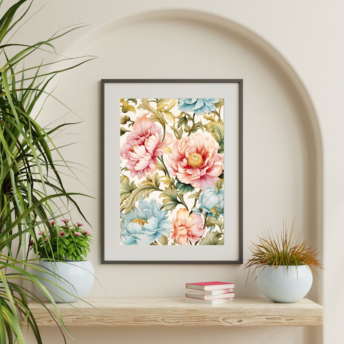William Morris Style Pink Peony Blue Floral Pattern Art Print - Image 2