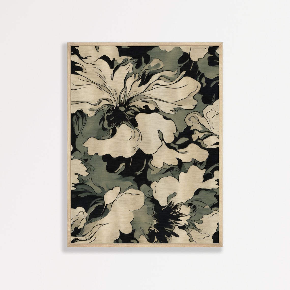 Abstract Black and Cream Floral Pattern Vintage Botanical Wall Art