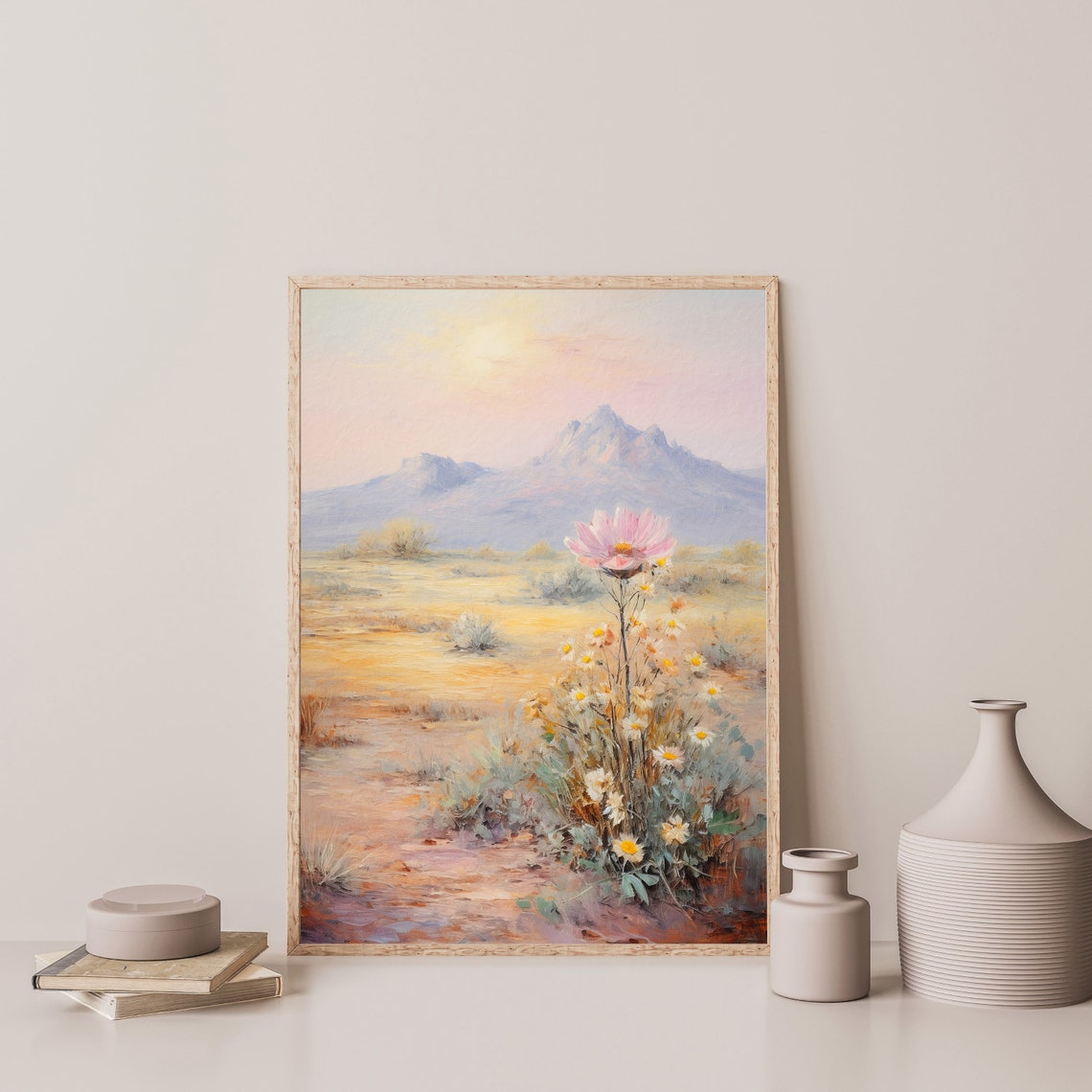 Desert Wildflower Pink Bloom Pastel Mountain Landscape Floral Poster - Image 3
