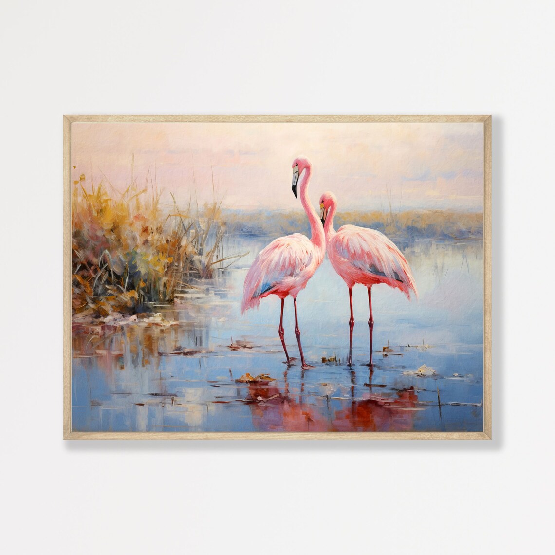 Pink Flamingos Shallow Water Lake Impressionist Bird Painting Poster