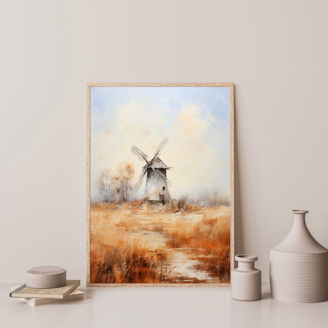 Windmill Painting Countryside Landscape Print Minimal Farmhouse Wall Decor P 586 - Image 3