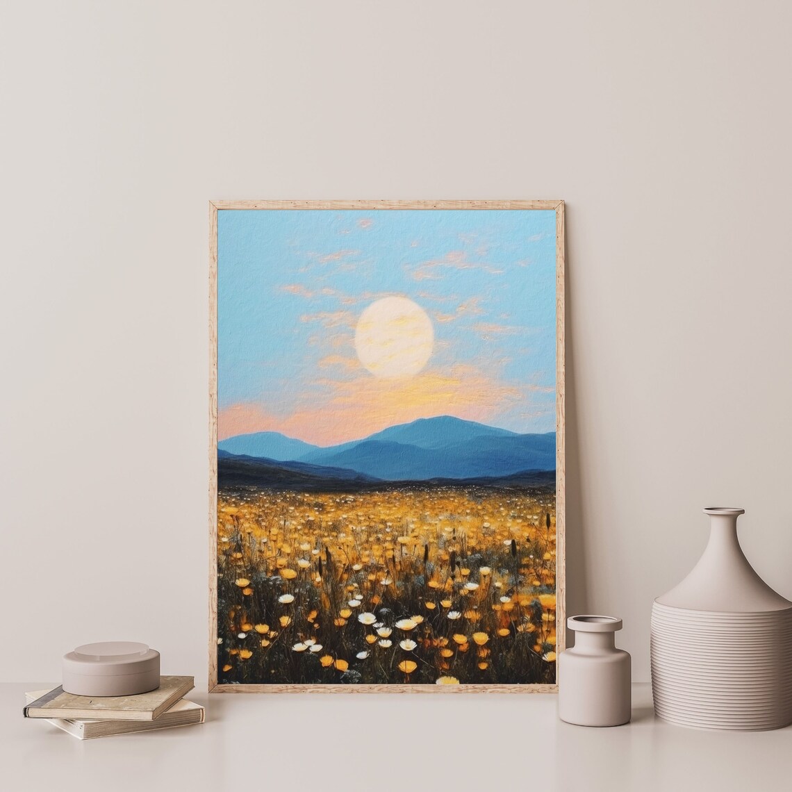 Moonlit Countryside Retro Landscape Art Print - Image 3