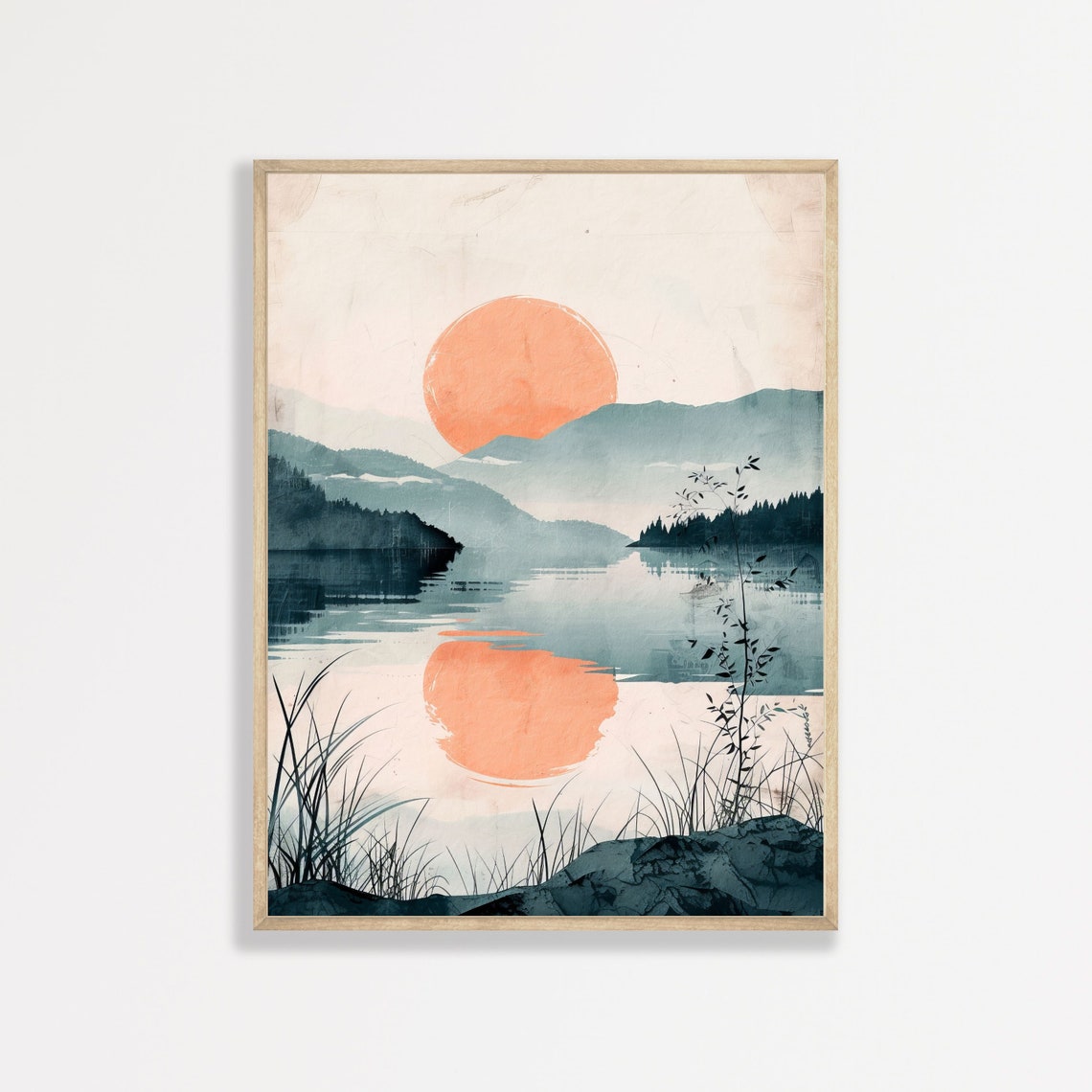 Misty Lake Coral Sun Reflection Japanese Ink Landscape Poster