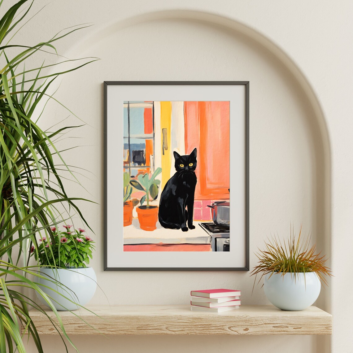 Black Cat Yellow Eyes Kitchen Counter Potted Plants Painting Poster - Image 2